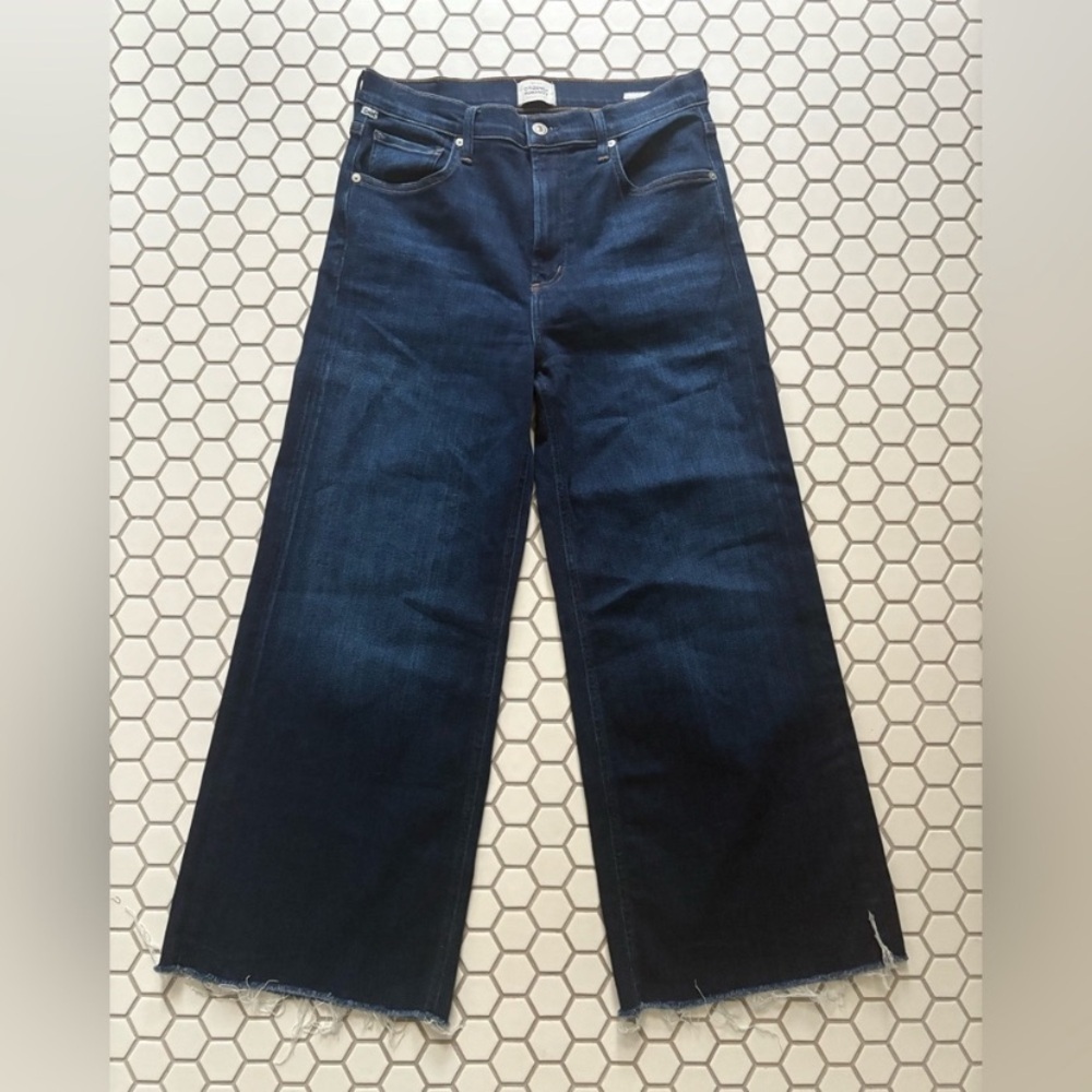 New Citizens of Humanity Lyra Dark Wide Leg Blue Indigo Raw Hem Cropped Jeans 29 - Picture 3 of 5